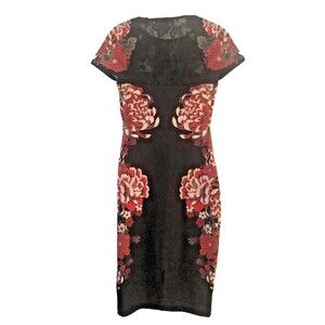 Express Dress Black Red 2  Floral Lace Bodice & Lace Back Sheath Asian Design